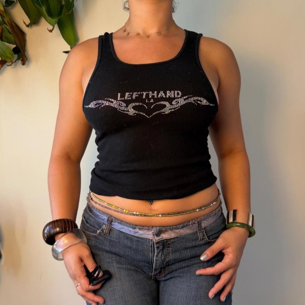 Left Hand LA Upcycled Rhinestone Black Ribbed Tank Top Small Y2K Mcbling